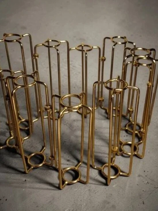 Mebane Handmade Metal Table Vase Holders (2) Hinged Antique Gold Finish GUC READ